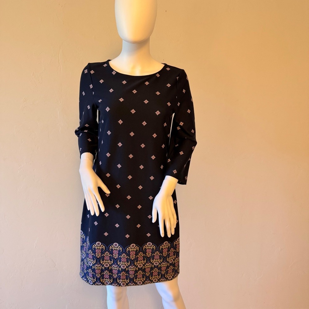 NWT Talbots Petite Navy Blue Geometric Floral Border Print‎ Shift Dress Size Sp